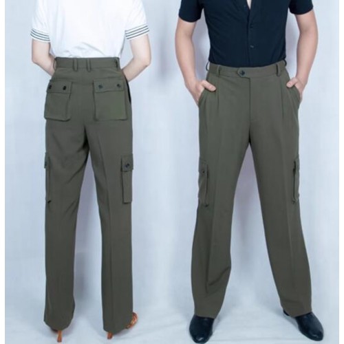 Army Green Multi pocket ballroom latin dance pants for women and men Modern dancing sailors Tango Waltz dancing long trousers for Man